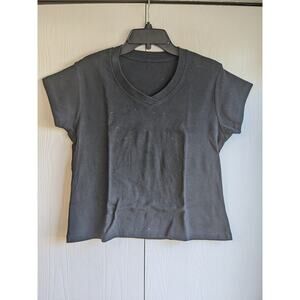 Vintage Women's Black Short Sleeve V-neck Plain T-shirt Top Size XL